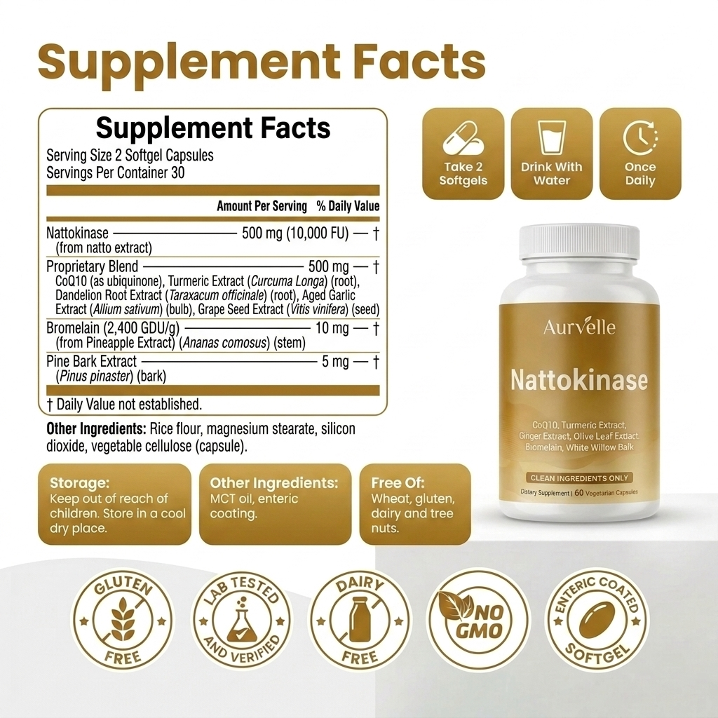 Aurvelle Nattokinase 10,000 FU | 7-in-1 Enteric Coated Softgels