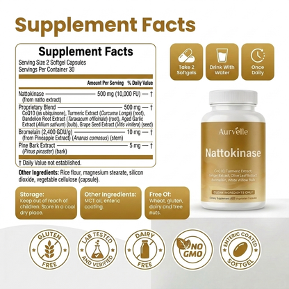 Aurvelle Nattokinase 10,000 FU | 7-in-1 Enteric Coated Softgels