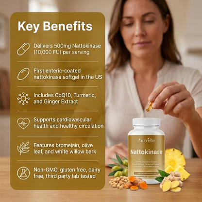 Aurvelle Nattokinase 10,000 FU | 7-in-1 Enteric Coated Softgels